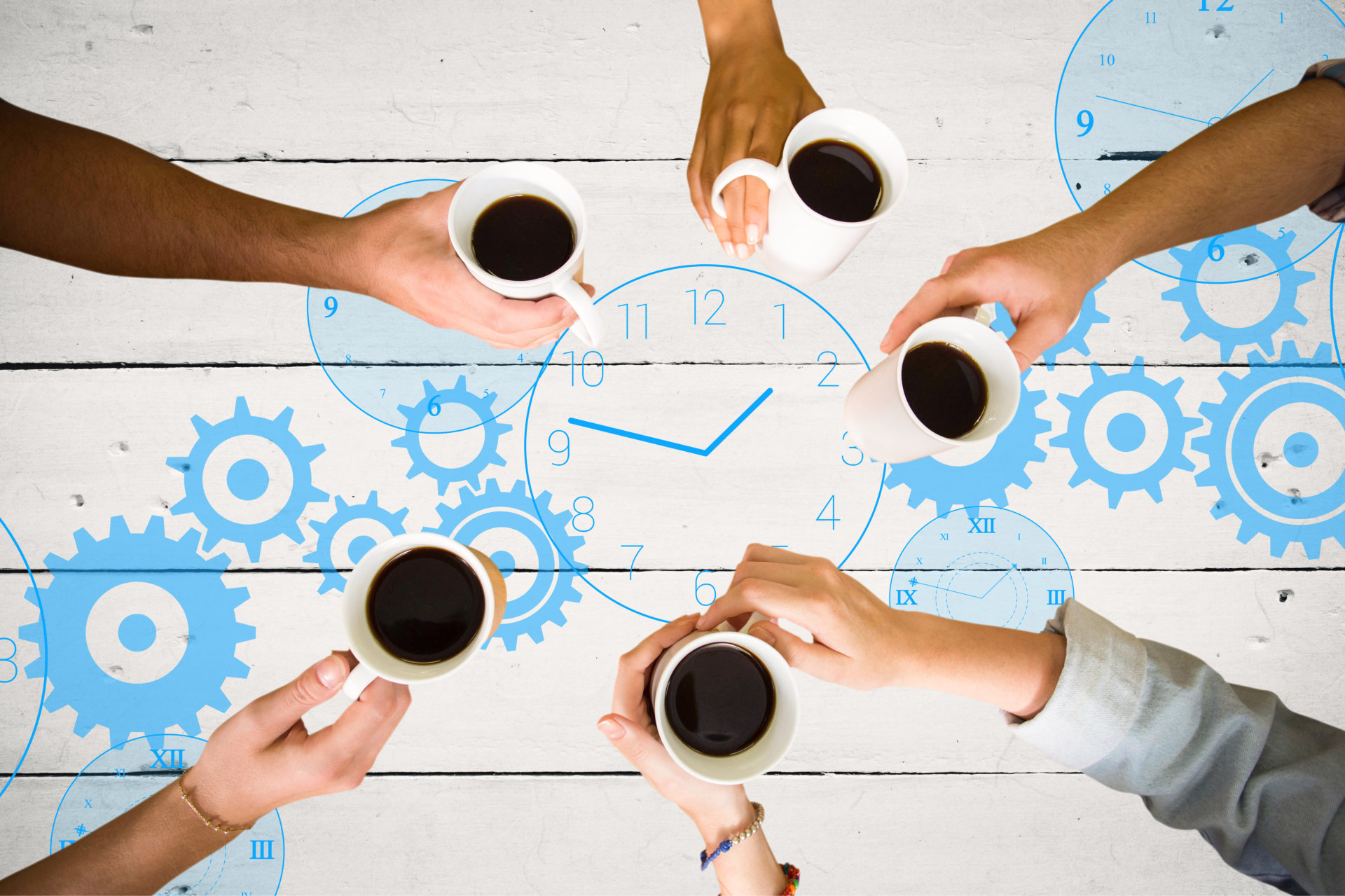 Hands reaching for coffee over clock graphic in blue